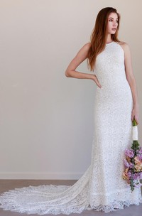 Sheath Jewel Neck Lace Court Train Sleeveless Wedding Dress with Keyhole Back