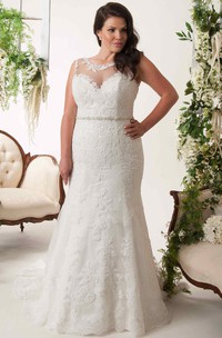 Sheath Sleeveless Scoop-Neck Appliqued Floor-Length Lace Plus Size Wedding Dress With Waist Jewellery