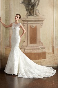 Sheath Floor-Length Scoop-Neck Appliqued Sleeveless Lace Wedding Dress