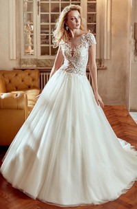 Cap-Sleeve V-Neck A-Line Gown With Lace Bodice And Illusive Back