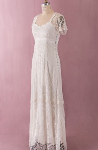 Sheath Lace Layered Side Button Decorated Empire Waist Dress With Ilusion Back and Sleeves