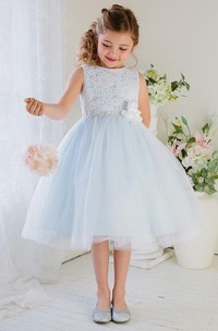 Floral Tea-Length Tiered Tulle&Lace Flower Girl Dress