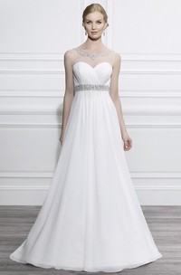 Scoop Floor-Length Criss-Cross Empire Jeweled Chiffon Wedding Dress