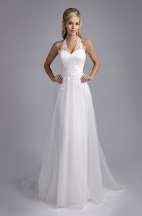 Halter Tulle A-Line Bridal Wedding Dress With Lace Appliques
