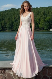 Sheath V-Neck Appliqued Sleeveless Floor-Length Chiffon Prom Dress