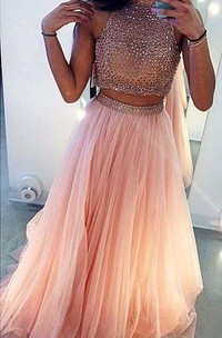 Glamrous High Neck Beadings Prom Dress Two Pieces Style