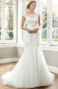 Trumpet Cap-Sleeve Scoop-Neck Jeweled Long Lace Wedding Dress With Appliques And Illusion