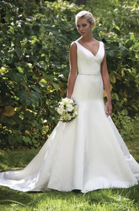 A-Line V-Neck Sleeveless Satin Wedding Dress With Waist Jewellery And Deep-V Back
