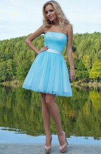 A Line Sleeveless Strapless Ruched Short Mini Tulle Prom Dress With Sash