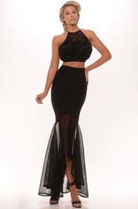 Trumpet High Neck Split-Front High-Low Sleeveless Prom Dress With Sequins