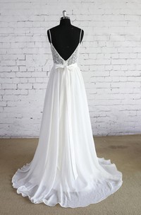Spaghetti Strap A-Line Chiffon Wedding Dress With Lace Bodice
