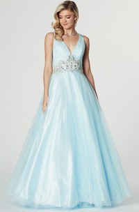 A-Line Sleeveless Ruched V-Neck Tulle Prom Dress