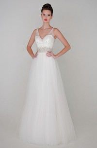 A-Line Beaded V-Neck Floor-Length Sleeveless Tulle Wedding Dress With Waist Jewellery
