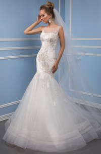 Trumpet Bateau Sleeveless Floor-Length Appliqued Tulle Wedding Dress With Illusion Back And Ruffles