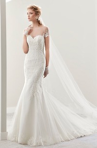 Illusion Jewel-Neck Sheath Bridal Gown With T-Shirt Sleeves And Court Train