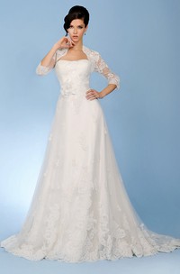 A-Line Floor-Length Strapless Caped 3-4-Sleeve Lace Wedding Dress With Appliques And Flower