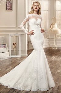 Long-Sleeve Mermaid Wedding Dress With Keyhole Back And Appliques