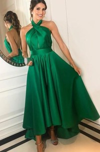 A Line Sleeveless Satin Vintage Backless Prom Formal Dress with Ruffles