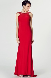 High-Low Beaded Scoop Neck Sleeveless Jersey Prom Dress With Brush Train