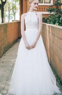A Line Sleeveless Halter Lace Tulle Bohemian Modern Zipper Wedding Dress