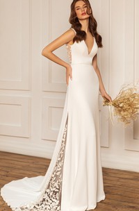 Elegant Satin V-neck Sheath Sleeveless Sweep Train Floor-length Low-V Back Wedding Dress