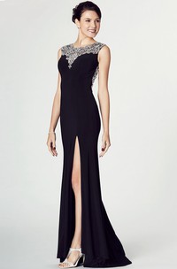 Floor-Length V-Neck Beaded Sleeveless Jersey Prom Dress
