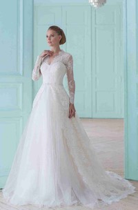 Long V-Neck Appliqued Long-Sleeve Lace Wedding Dress With Court Train And Illusion
