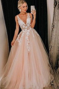 A Line Sleeveless Tulle Sexy Prom Dress with Appliques and Pleats