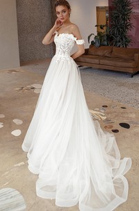 Sexy A Line Lace Off-the-shoulder Chapel Train Wedding Dress with Appliques