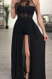 A Line Sleeveless Chiffon Modern Open Back Evening Dress with Lace