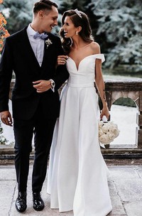 Sexy A Line Satin Off-the-shoulder Floor-length Wedding Dress with Split Front