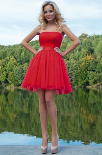 A Line Ruched Short Mini Strapless Sleeveless Tulle Prom Dress With Ribbon