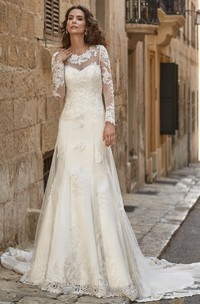 A-Line Appliqued Scoop-Neck Floor-Length Long-Sleeve Lace Wedding Dress