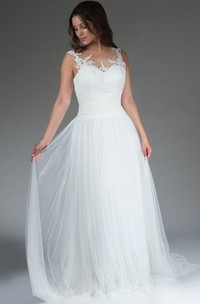 Illusion Neck Embroidered Top A-Line Bridal Gown With Tulle Skirt