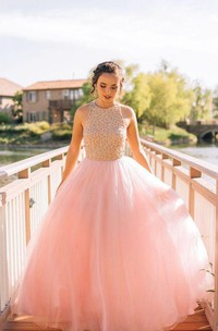 Sleeveless A-line Long Ballgown with Lace and Pleats