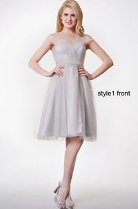 Short Sleeve Pleated Short A-line Tulle Dress With Changeable Ruched Belt