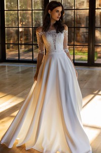 Elegant A Line Satin and Lace Off-the-shoulder Sweep Train Wedding Dress