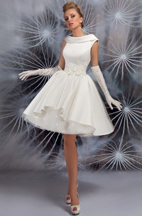 Mini Jewel Floral Satin Wedding Dress With Pleats And V Back