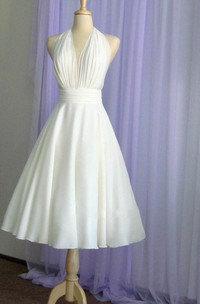 Vintage Tea-Length Chiffon Wedding Dress With Halter Neck and Bow