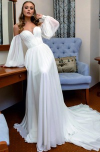 Chiffon Off-the-shoulder A Line Long Sleeve Floor-length Court Train Lace-up Wedding Dress