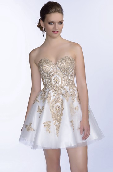 macy's white and gold prom dress