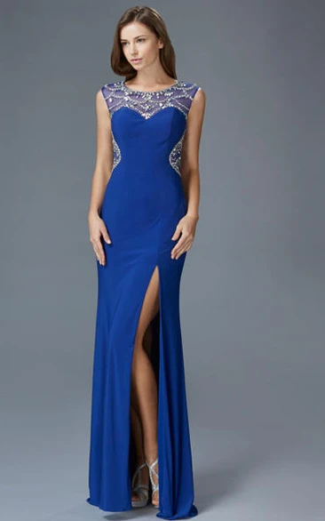 Sheath Scoop-Neck Sleeveless Jersey Illusion Dress With Beading And Split Front