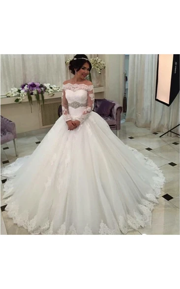 Off-the-shoulder Long Sleeve Pleated Tulle Ball Gown With Beaded Waist Belt