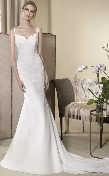 Sheath Maxi Appliqued Sleeveless V-Neck Chiffon Wedding Dress