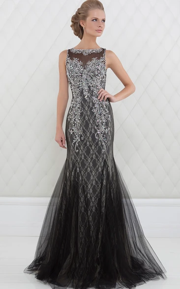 Trumpet Beaded Floor-Length Sleeveless Bateau-Neck Tulle Prom Dress With Lace