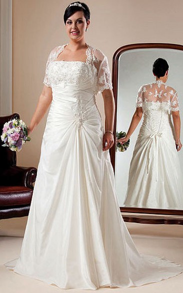 Strapless Taffeta Bridal Gown With Lace Up And Short-Sleeve Bolero