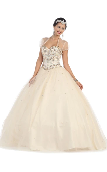 Ball Gown Long Sweetheart Tulle Satin Lace-Up Dress With Cape And Beading