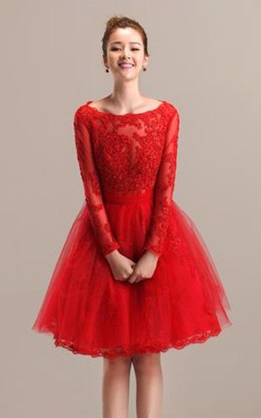 Adorable Lace and Tulle A-line Bateau Long Sleeve Knee Length Dress