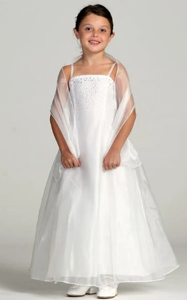 Spaghetti Ankle-Length Cap-Sleeve Beaded Organza Flower Girl Dress With Straps