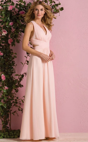V-Neck Sleeveless A-Line Gown With Crisscrossed Straps Back